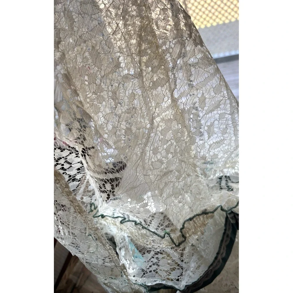 Vtg 1980s Double Crescent Lace Swag LOT of 4 New 80 x 30 Green Satin Lace Bows